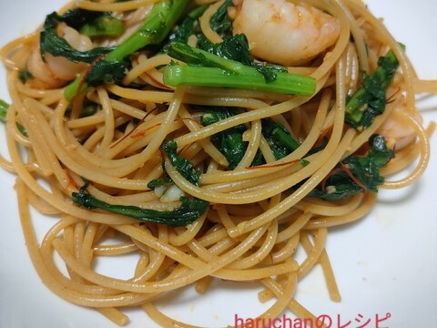 春菊と海老のペペロンチーノ